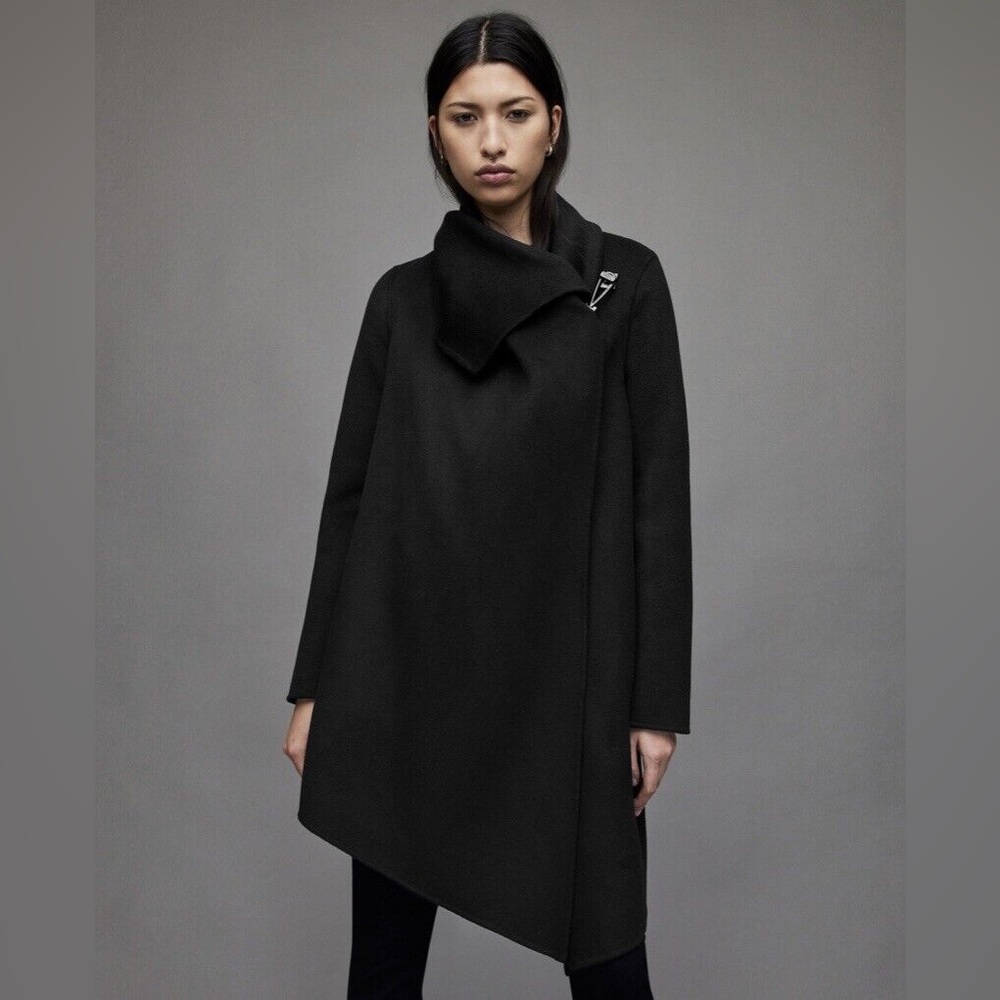 All Saints Black Monument Coat Jacket Cross Body Wool Italian Cloth Size US 4